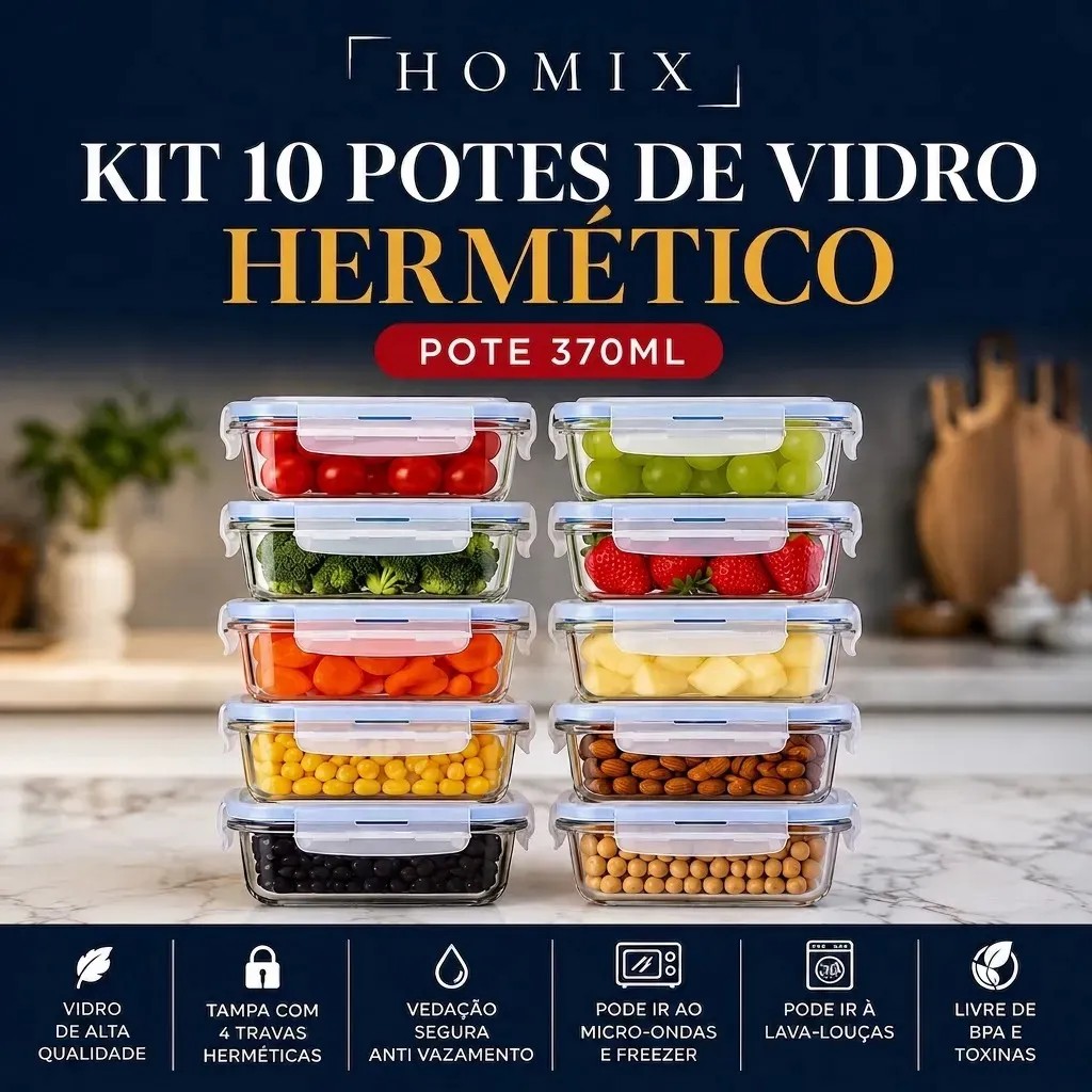 Kit 10 Potes 370ml Vidro Hermético Marmita Fitness Com Tampa Quatro Travas Retangular Anti Vazamento Trasparente