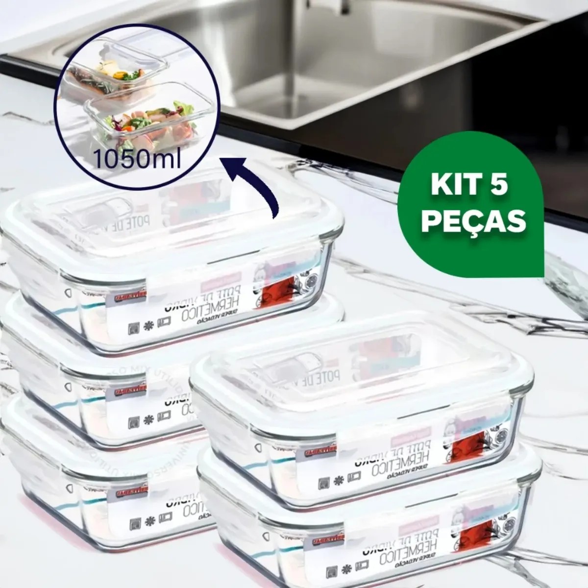 Kit 5 Potes Vidro Hermético 1040ml Retangular 4 Travas Marmita Premium Homix