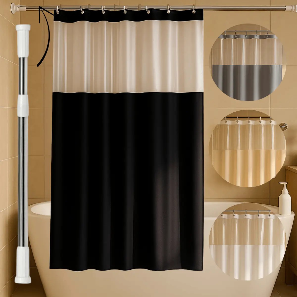 Kit Cortina Box Banheiro + Varão Extensivel 1,10 A 2 Metros Preta + Varão