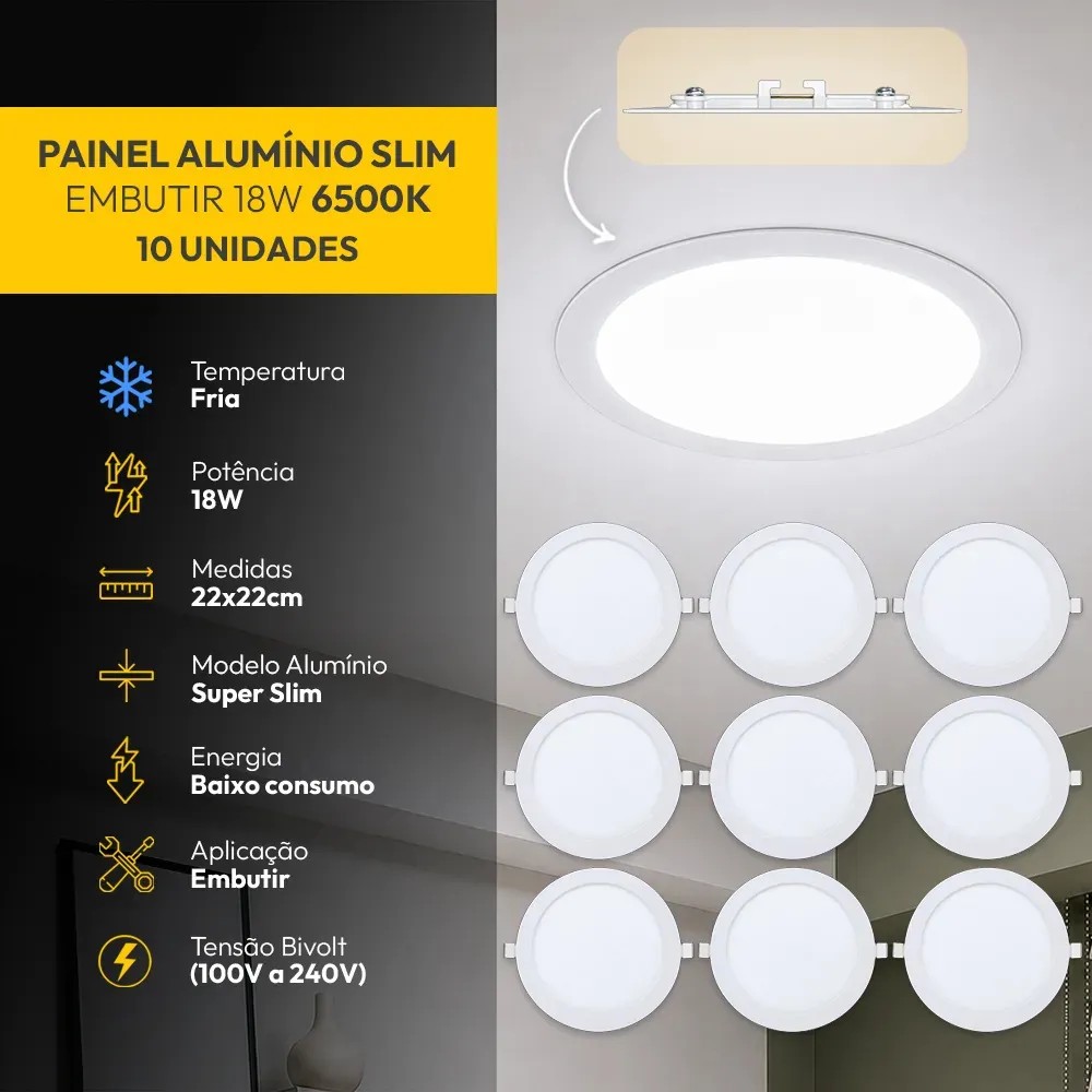 Kit 10 Painel Led Plafon Aluminio Embutir 18w 6500K Branco Frio 22cm Redondo Cod: ALUT001983-10 Alut By Avant