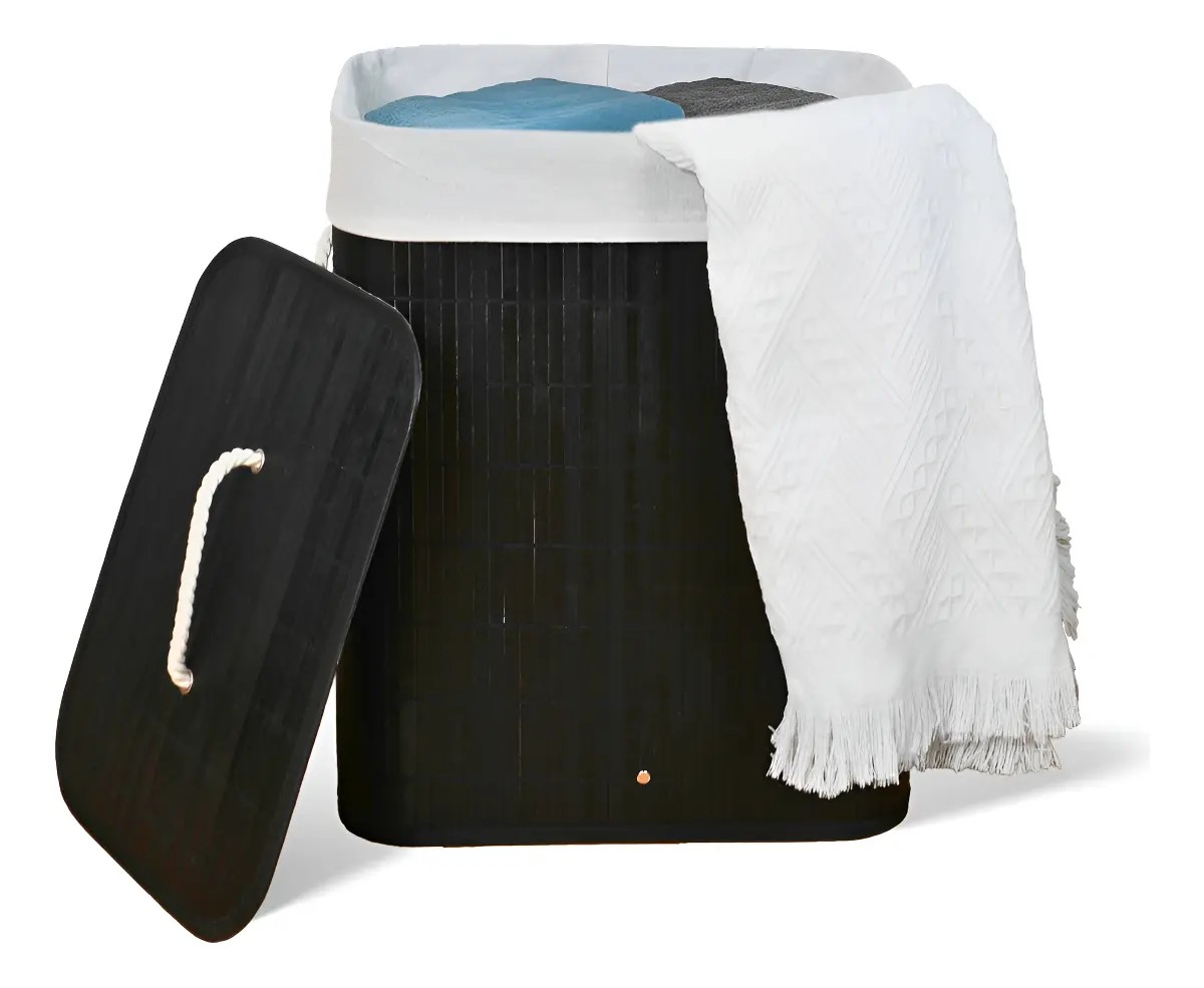 Cesto De Roupa Suja De Bambu Com Tampa E Alças 50 Litros