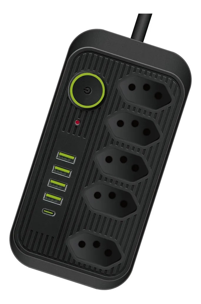 Extensão 5 Tomadas E 1 Pd 4 Usb Led Bivolt Power 127v/220v Preto. 127/220v