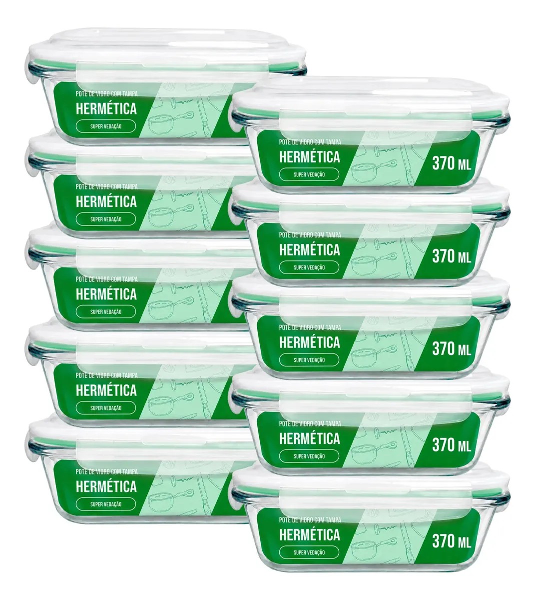 Kit 10 Pote Marmita Vidro Hermético 370ml Retangular 4 Trava Verde