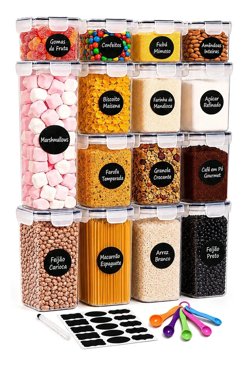 Kit 15 Potes Herméticos para Mantimentos com Tampa Etiquetas e Colheres Medidoras Jogo de Potes Porta Mantimentos Cozinha e Despensa Organizada Vasilhas Plásticas Empilháveis Transparentes Palada