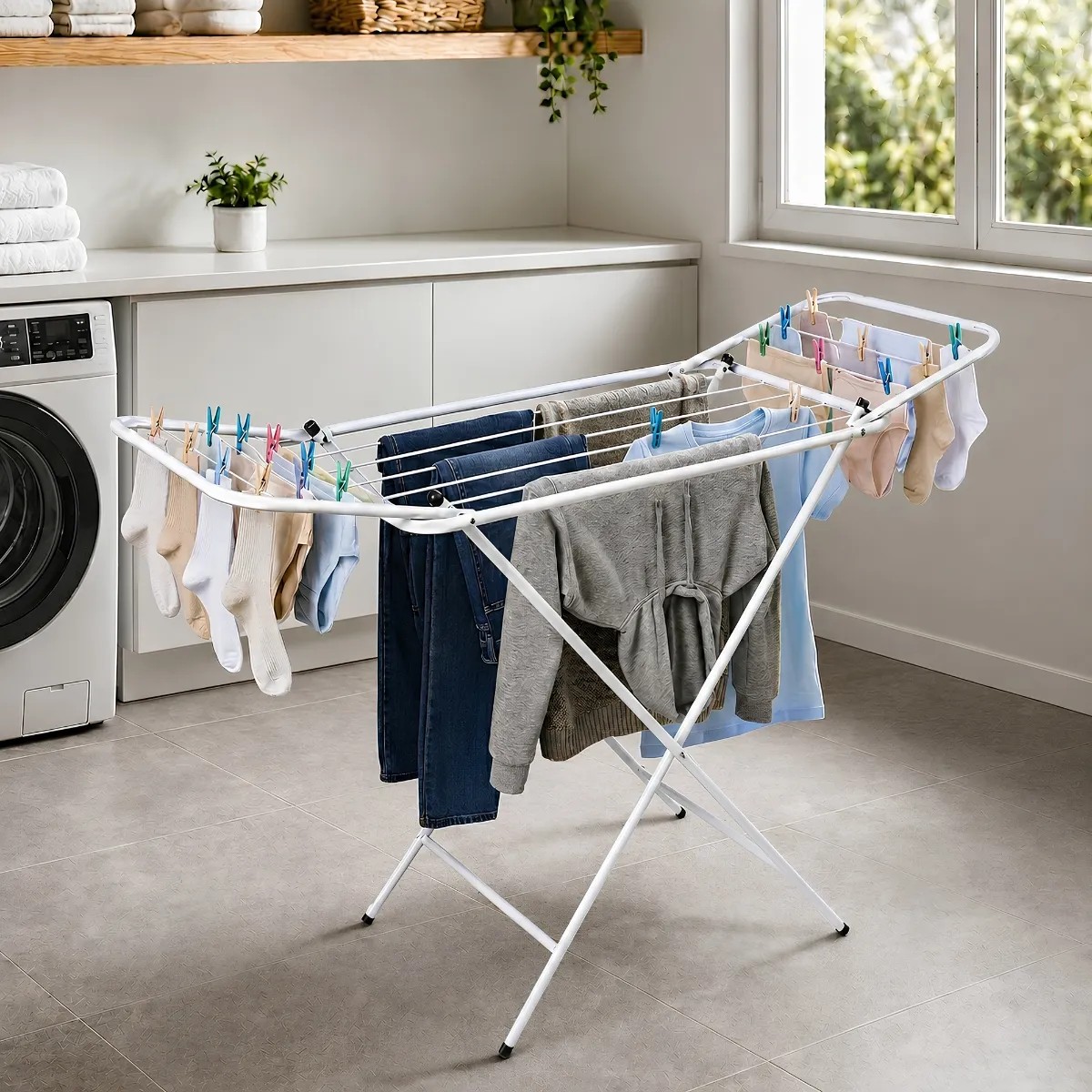 Varal De Chão Grande Retrátil Com Abas Suporta 25kg De Roupa Branco
