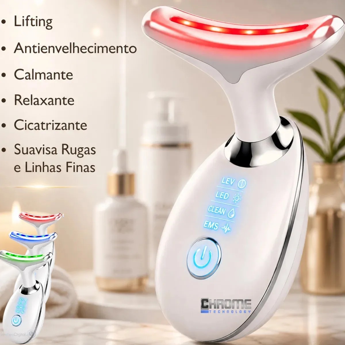 Massageador Facial Lifting De Pescoço e Rosto LED Vibração Bivolt 110v 220v Fototerapia Para Rejuvenescer Firmeza Anti-Rugas Aparelho Redutor de Papada Lift Mascara Led Facial MARCA Chrome Technology
