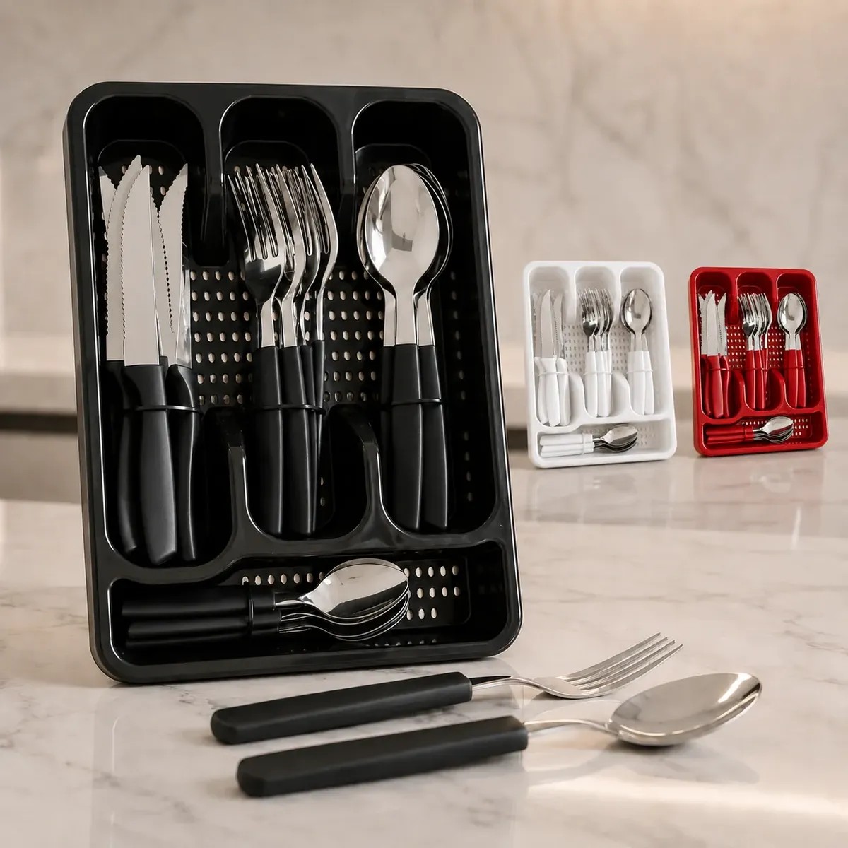 Faqueiro Inox 25 Peças Jogo Talheres Porta Talher Completo Preto