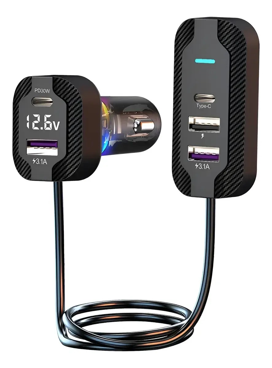 Carregador Veicular Rapido 66w Extensao Banco Traseiro Usb C Preto