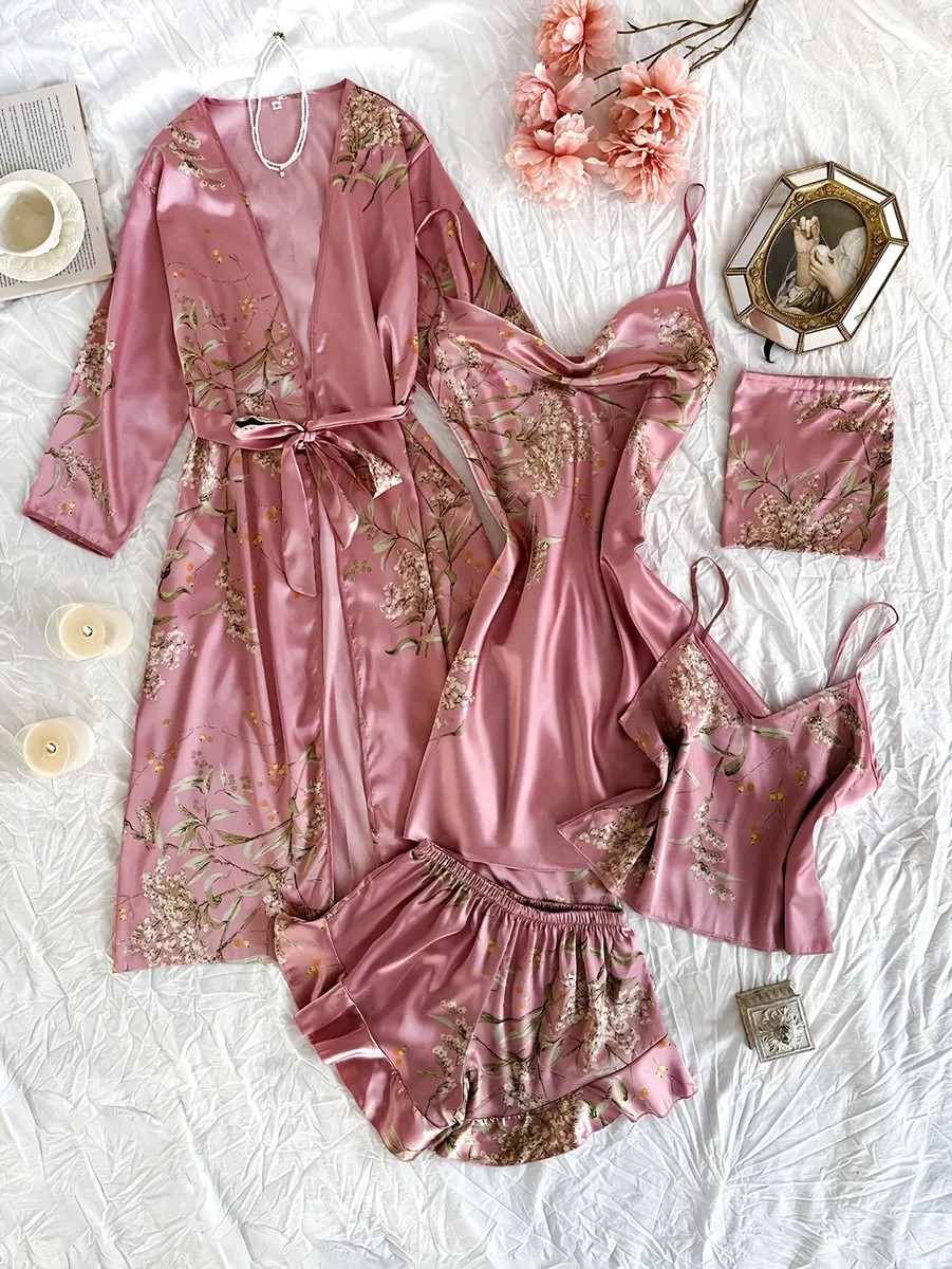 Pijama Feminino 5 Peças Estampa Cerejas Pink Florido M