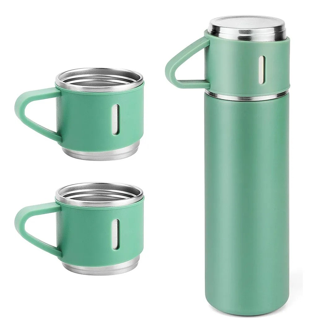 Kit Garrafa Térmica Inox 500ml Com 3 Xícara Garrafas De Café Verde