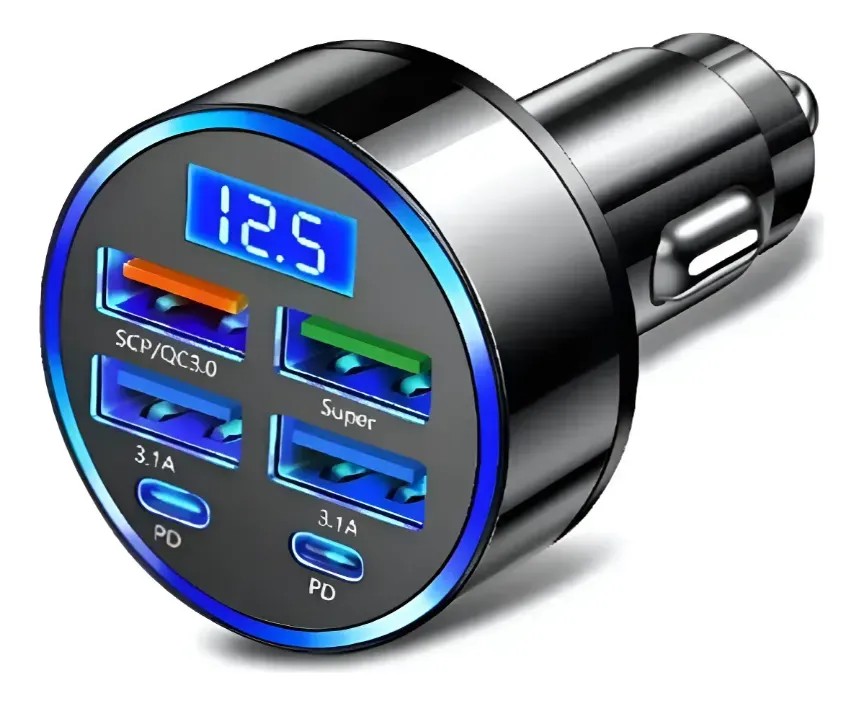 Carregador Veicular 250w 6 Portas Usb Usb-c Voltímetro Preto