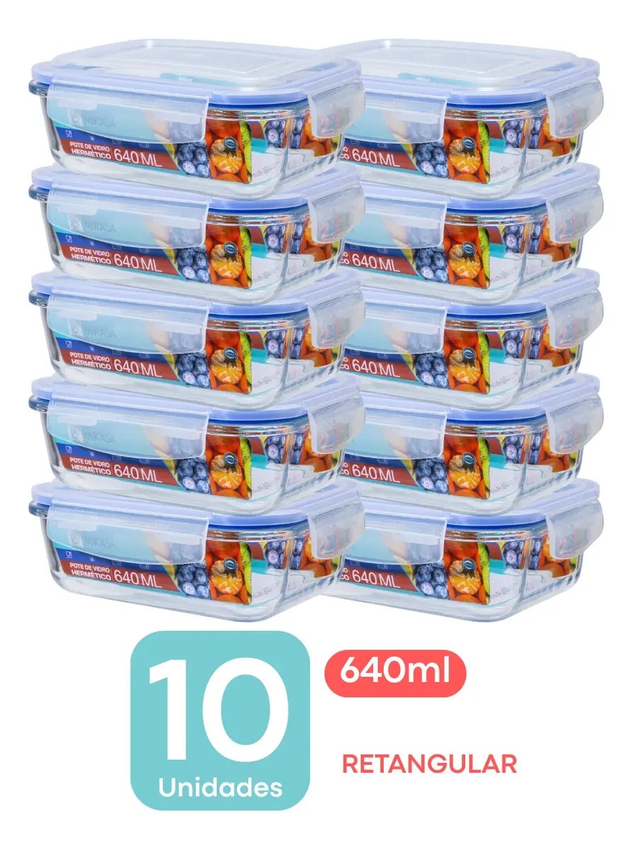 Kit Potes Marmita Vidro 640ml Retangular Hermético 640ml
