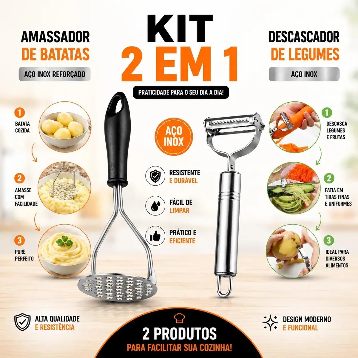 Kit Amassador De Batatas + Descascador De Legumes Aço Inox Sortido