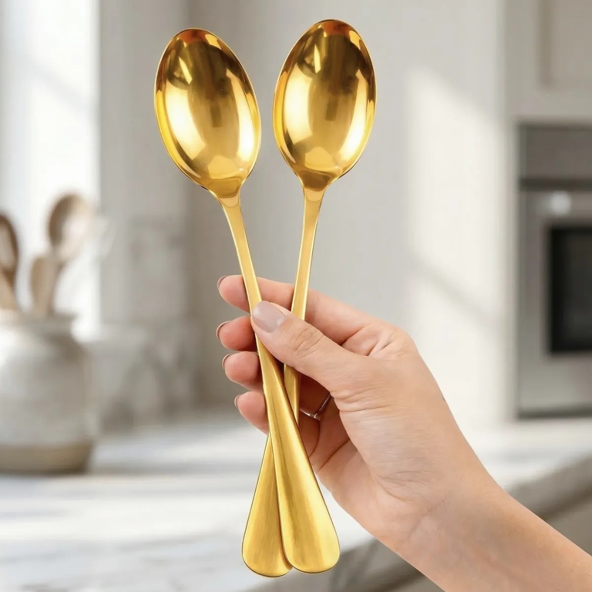 Kit 2 Colheres De Arroz Multiuso Dourada Grande 26cm Lyor Dourado