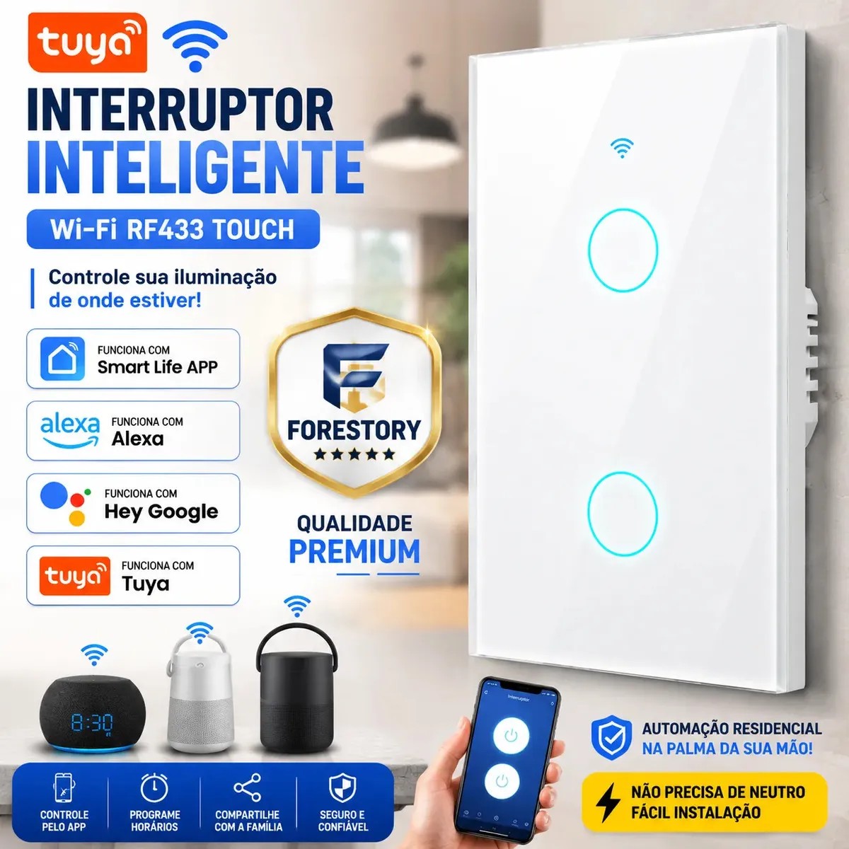 Forestory Interruptor Inteligente Dimmer Wifi 2 Botão Touch Alexa Touch Tuya Smart Life Alexa Google Home Aligenie Yandex Alice Smart Automação Compatível Wifi 2.4ghz Rf433 Bluetooth 100-240v 10a