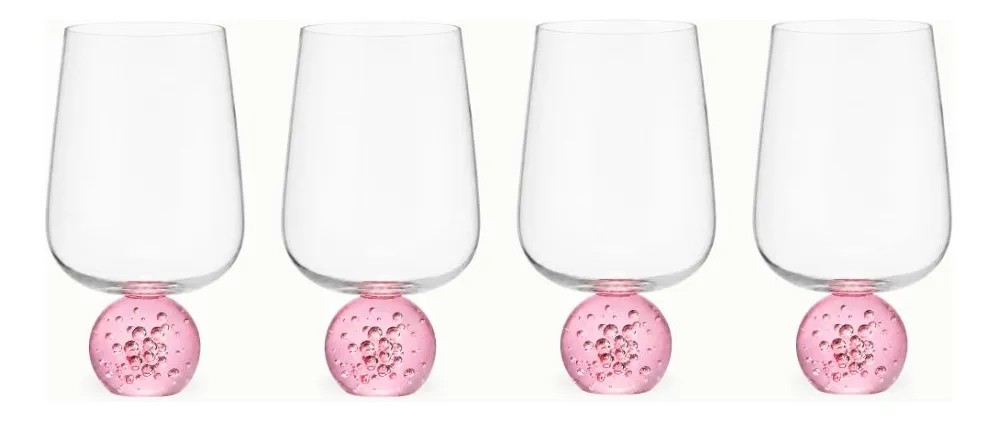 Kit 4 Taças De Vidro Com Base Rosa Esfera Bubble Glass 450ml Transparente E Rosa