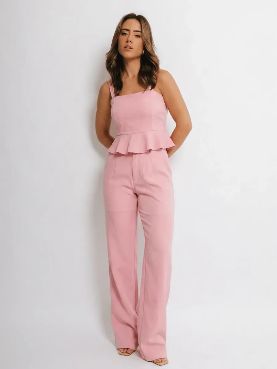 Conjunto Calça Wide Leg Alfaiataria E Blusa Cropped Elegante Rosa M