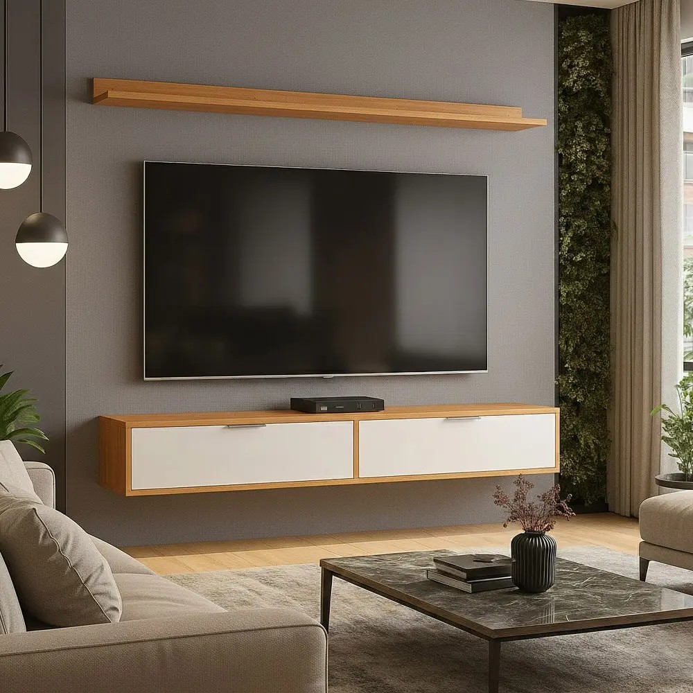Rack TV 65 Pol. Suspenso 160cm 2 Portas Lila Cinamomo/Branco Z49 - Mpozenato - R$ 543