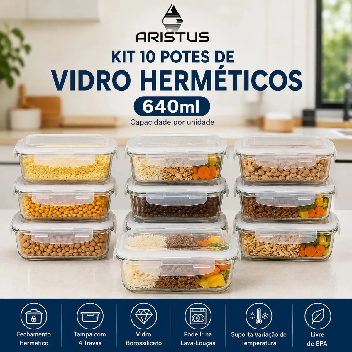 Kit 10 Potes Vidro Hermético Aristus 640ml Marmita Anti Vazamento Forno Micro-ondas Freezer Tampa 4 Travas - Branco - R$ 99,24