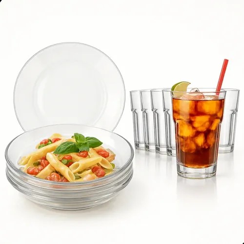 Kit 6 Pratos E 6 Copos Conjunto Vidro Bar Restaurante Buffe - R$ 67,99