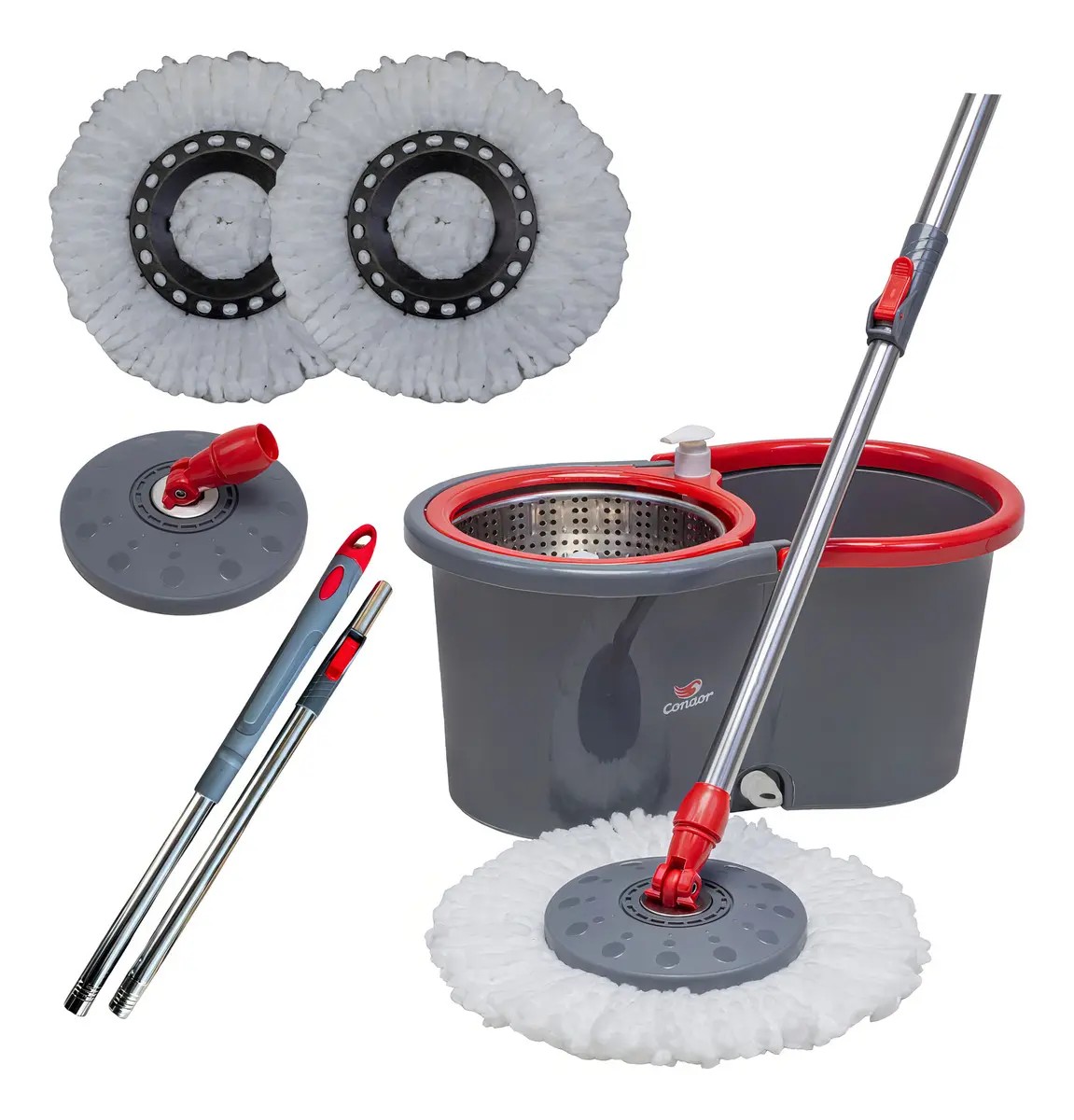 Mop Esfregão Giratório Condor Balde Inox 13 Litros + Refil Microfibra + Cabo Longo 1,4 Metros - R$ 99