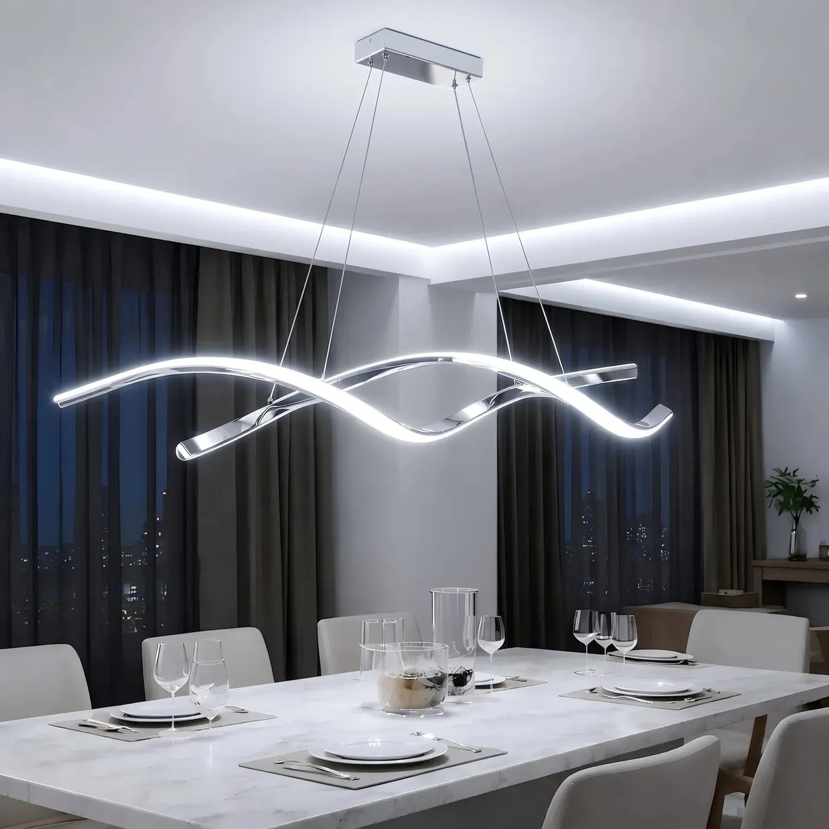 Lustres pendentes, Luminaria pendente Espiral DNA Moderno LED 3 Cores, Lustre De Teto Ondulado Com Altura Ajustável 110cm, Alumínio Design Premium Para Sala De Estar, Cozinha E Ilha, Tieesa Prateado