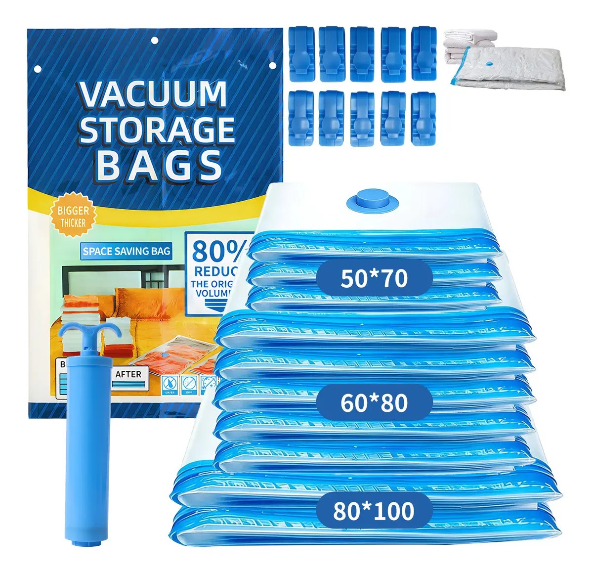 Kit 10 Sacos A Vácuo 5x 50x70 3x 60x80 2x 80x100 Com Bomba Manual Embalagem Viagem Mala Avião Reutilizável Organização Roupa Casaco Edredom Organizadores Armário Guarda Roupas Reduz Volume