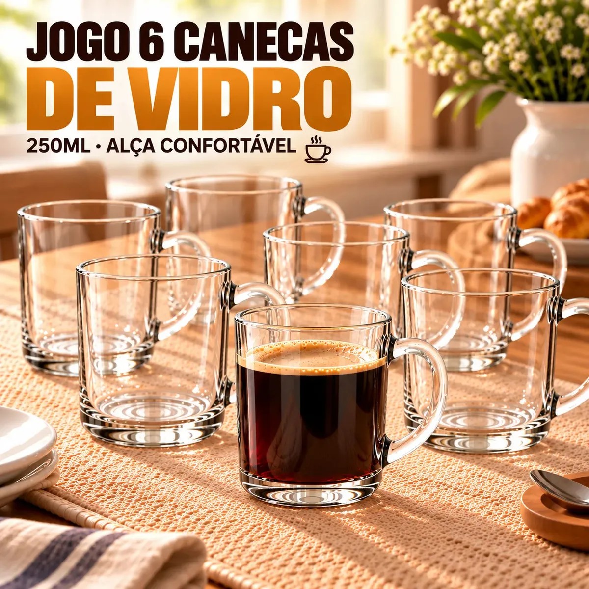 Jogo Com 6 Canecas 250ml Xicaras De Vidro Para Café Expresso Transparente