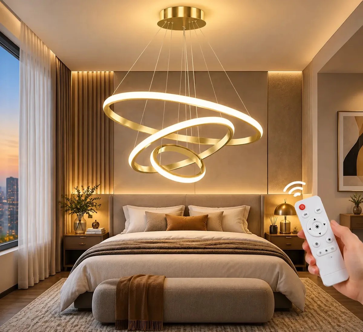 Lustre LED Pendente Moderno Dourado 60W 3 Anéis Design Luxo Controle Remoto 3 Cores Ajustável 3000K 4500K 6500K Bivolt Luminária de Teto para Sala Jantar Quarto