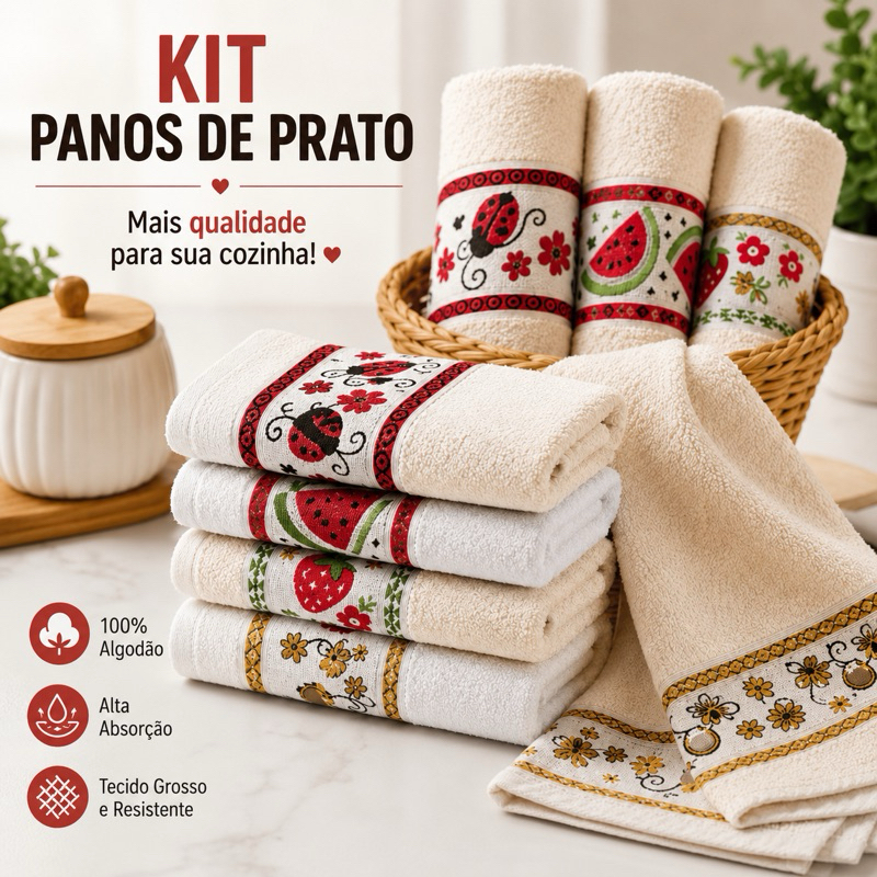 Kit 10 Panos de Prato/Copa Coleção Kitchen Jacquard 100% Algodão 50x70cm