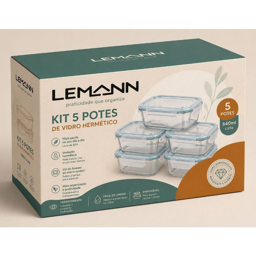Kit 5 Potes De Vidro Marmita Hermético Borossilicato Freezer Fitness Forno Micro-ondas