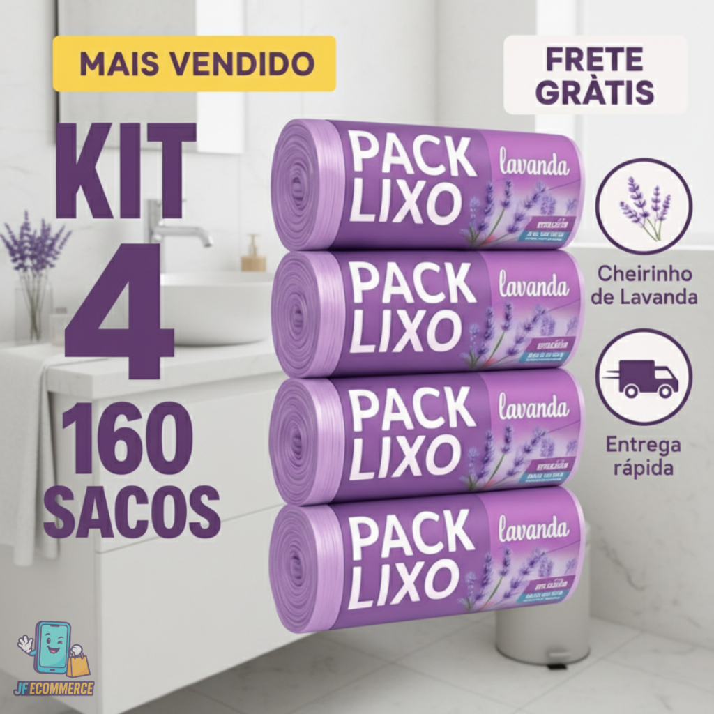 Kit 4 Sacos de Lixo Perfumados Lavanda  10 Litros 160 Sacos Pia e Banheiro 34x38cm Neutraliza Odores