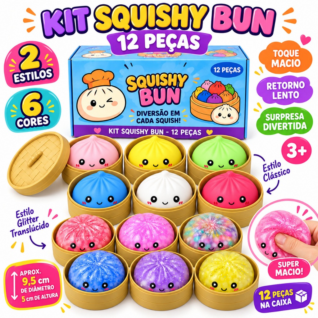 Squishy Bun Surpresa 2 Estilos 6 Cores Brinquedo Sensorial Macio Glitter para Apertar 3+