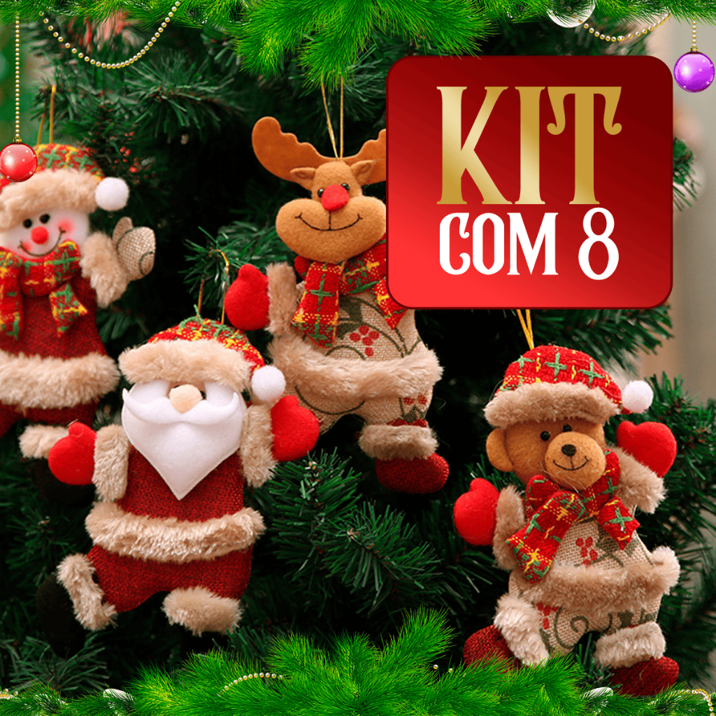 Kit 8 Enfeites de Natal Pendentes Papai Noel Rena Boneco de Neve Urso